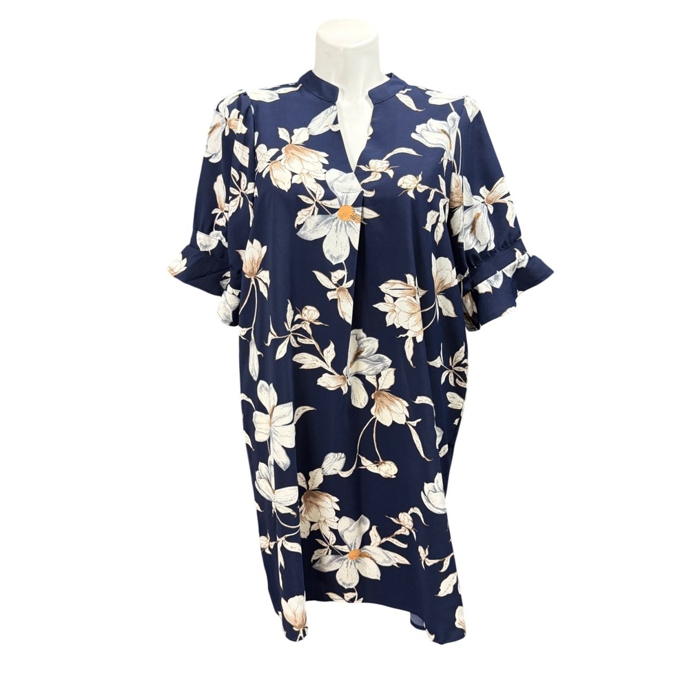 Boutique Navy Blue Floral Ruffle Sleeve Shift Dress XXL Lily Print Split Neck